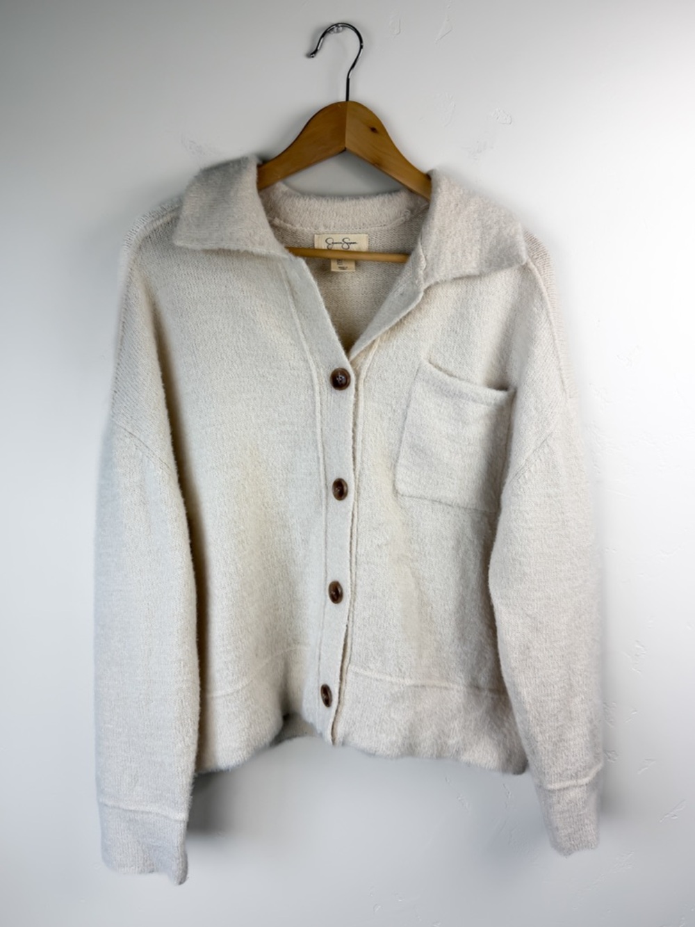 Jessica Simpson Cream Fuzzy Button Front Collared Cardigan Size Large
